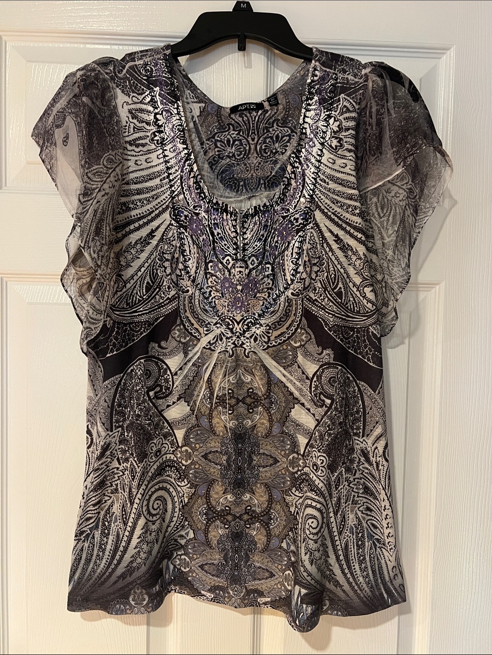Apt. 9 Black, Gray & Purple Paisley Flutter Sleeve Blouse